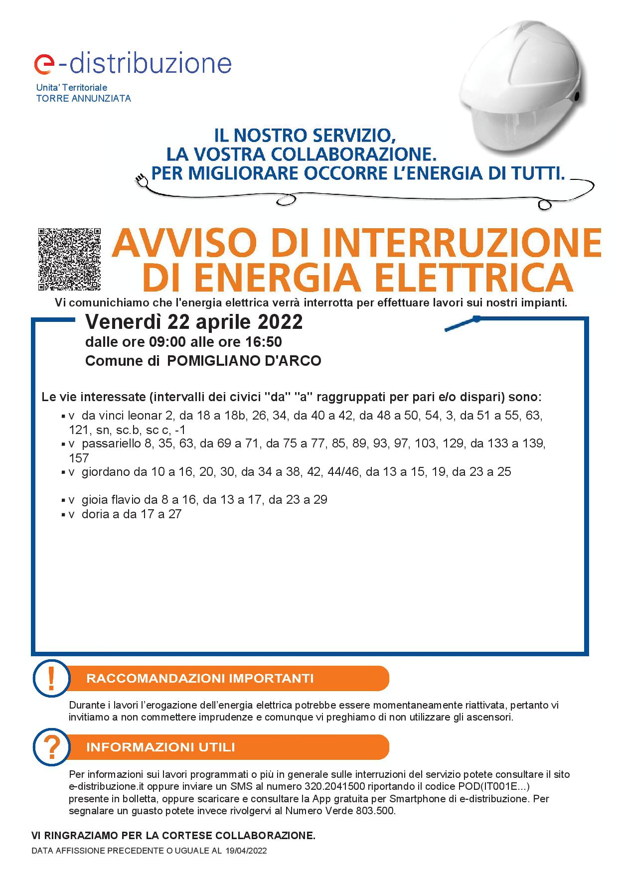 Avviso interruzione di energia elettrica per il giorno 22 aprile 2022