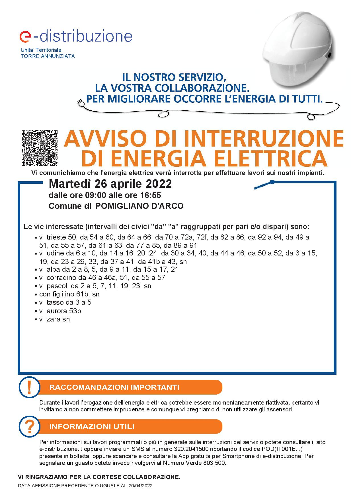 Avviso interruzione di energia elettrica per il giorno 26 aprile 2022